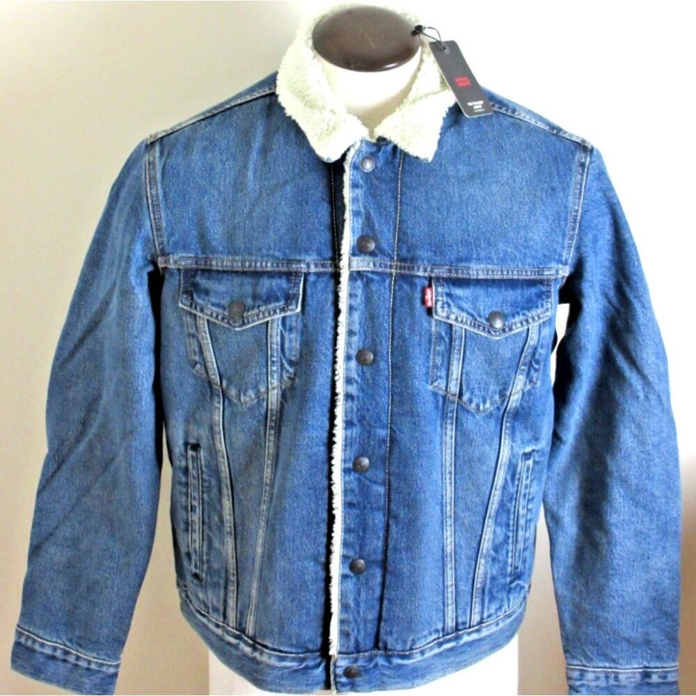 Levi's Men's Type 3 Sherpa lined Snap Front Trucker denim jacket Medium Wash NWT